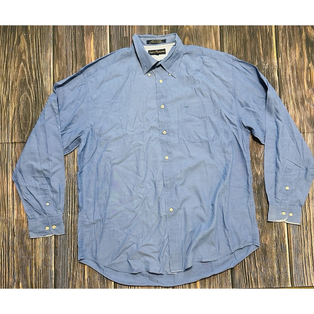 Tommy Hilfiger Blue Dress Button Down Shirt Men's XL 15 Long Sleeve Logo Cotton